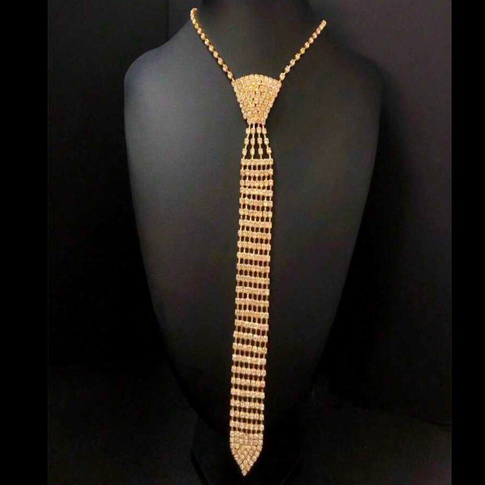 Cubic Zirconia Golden Necktie Necklace - Picture 2 of 6